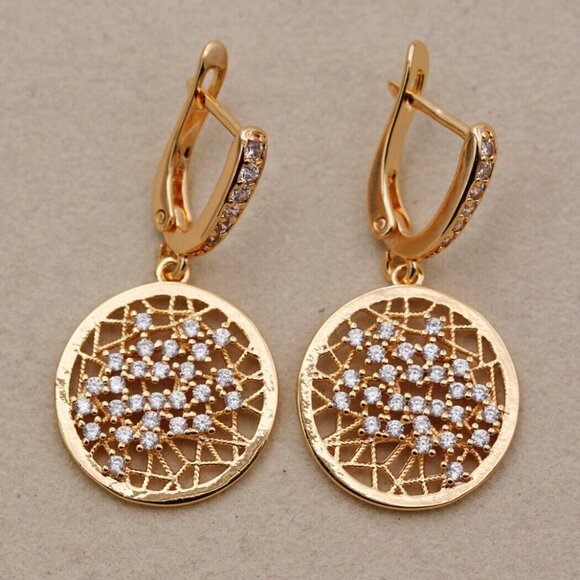 18K Yellow Gold Filled Circle Carved Web Diamond Zircon Dangle Earrings Gorgeous - Picture 5 of 7